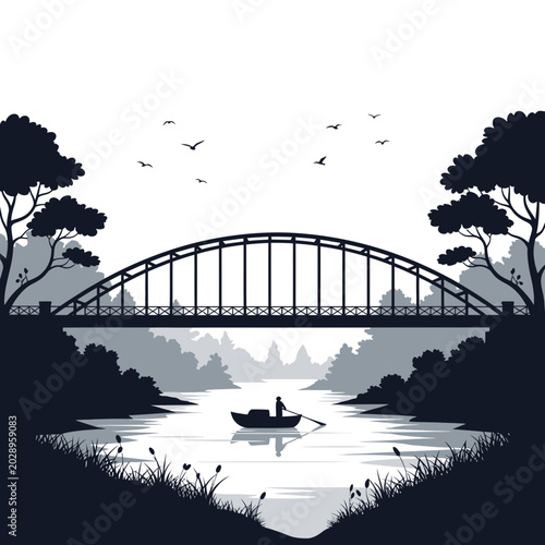 Serene River Landscape with Arch Bridge and Lone Boat Silhouette