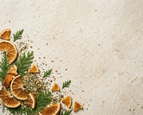 Dried orange slice cedar branch holiday background sustainable decoration natural rustic border copy space festive design with