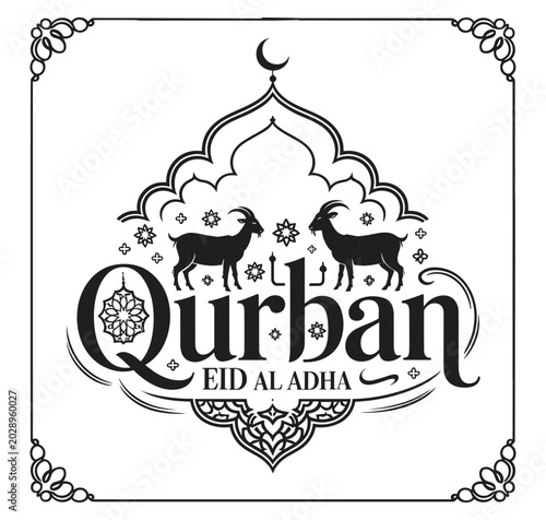 Qurban eid al adha text with goats and islamic arch silhouette