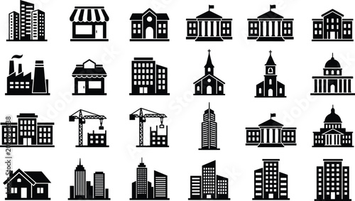 Black Solid City And Architecture Icons Set With Buildings Church Factory Store Crane Capitol And Urban Structures Vector Collection