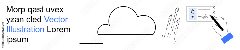 Fototapeta premium Finance, cloud technology, digital payments, data management, growth strategies, digital transformation. A cloud, financial transaction and upward arrows. Finance and cloud technology concept