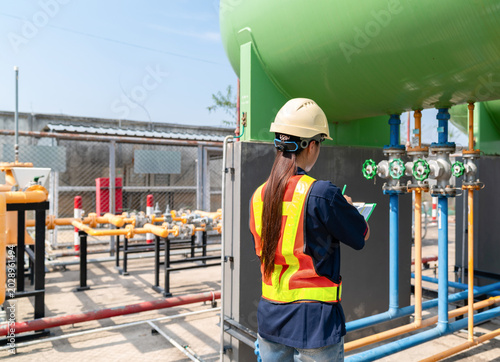 Rear view of a female safety officer or engineer in a hard hat and reflective vest performing an inspection of large industrial storage tanks and pipeline valves.