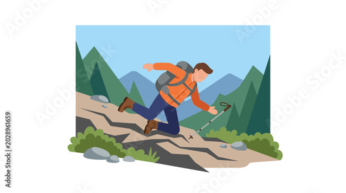 Slika na platnu Man hiking, stumbling on mountain trail