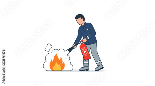 Tableau sur toile Firefighter extinguishing fire with extinguisher