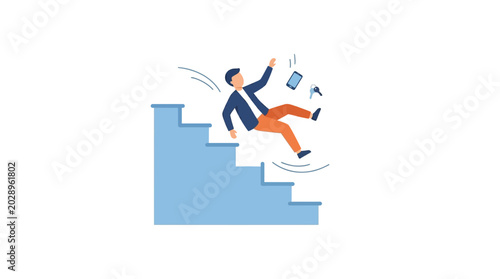 Foto Man falling down stairs, dropping phone and keys
