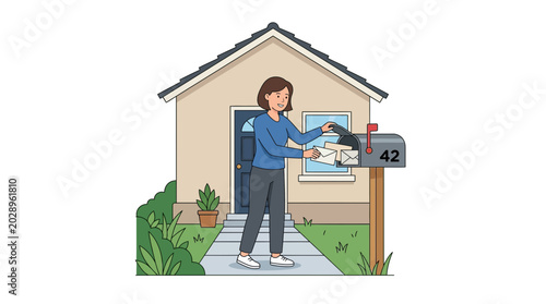 Woman Mailing Letters at House Mailbox