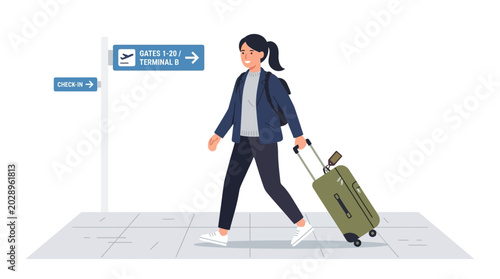 Woman walking with luggage at airport