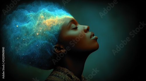 Commercial digital composite of lower face and mouth, starry sky head cut with light blue energy glow.
