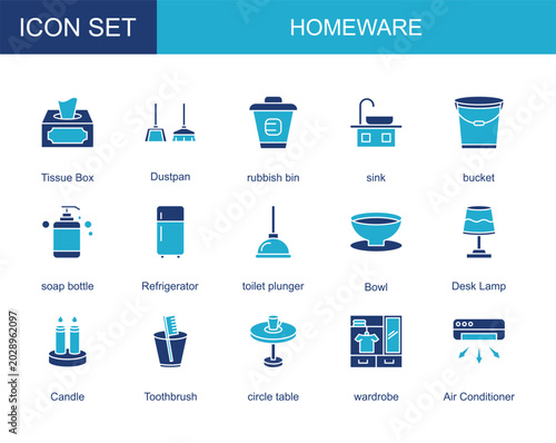 homeware icon collection set. with Tissue Box,Dustpan,rubbish bin,sink,bucket,soap bottle,Refrigerator