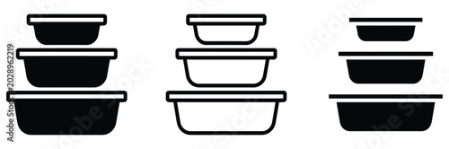 Black and white icon set of various plastic container bowls with lids for food storage and organization