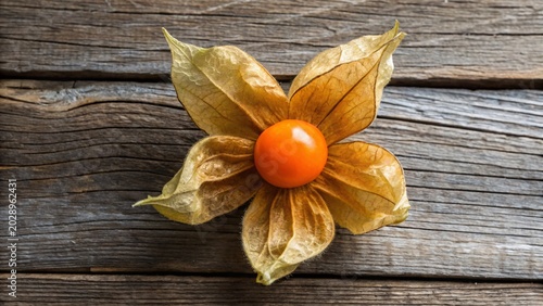 Single ripe physalis fruit with papery husk resting on a rustic dark wooden surface in a top-down view with natural lighting