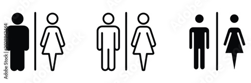 Restroom signs with male and female symbols in different styles and colors for toilet or bathroom indication