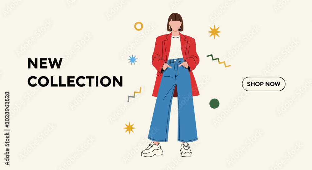 Φωτογραφία New Collection fashion banner with stylish woman illustration and shop now butto