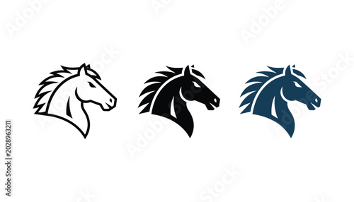 Foto Horse head logo icon set featuring majestic stallion profile in outline solid an