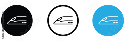 Foto Three colored icons of train locomotives in circular shapes for transportation a