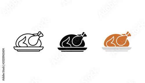 Bild auf Leinwand Roasted whole turkey on a serving platter set of three icons in outline solid an