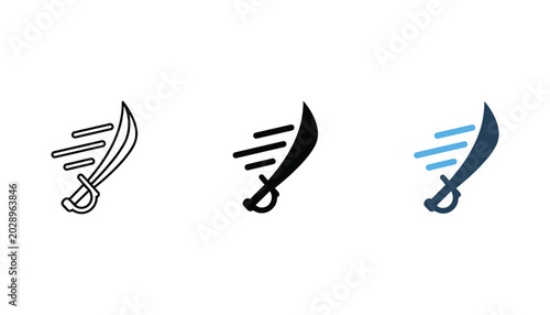 Billede på lærred Sharp scimitar sword icon set showing blade movement in outline solid and blue f