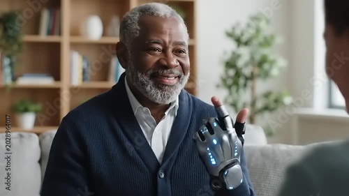 Elderly Man Demonstrates Advanced Prosthetic Hand Technology Indoors with a Friend.