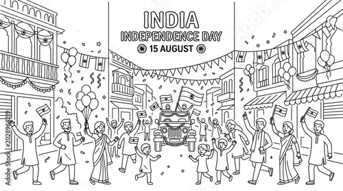 Schilderij op canvas Indian people celebrating Independence Day parade sketch illustration