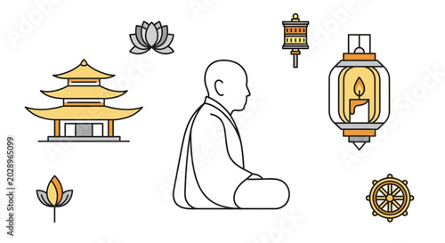 Принти на полотні Buddhist Monk Meditating Surrounded by Sacred Symbols: Pagoda, Lotus, Prayer Whe