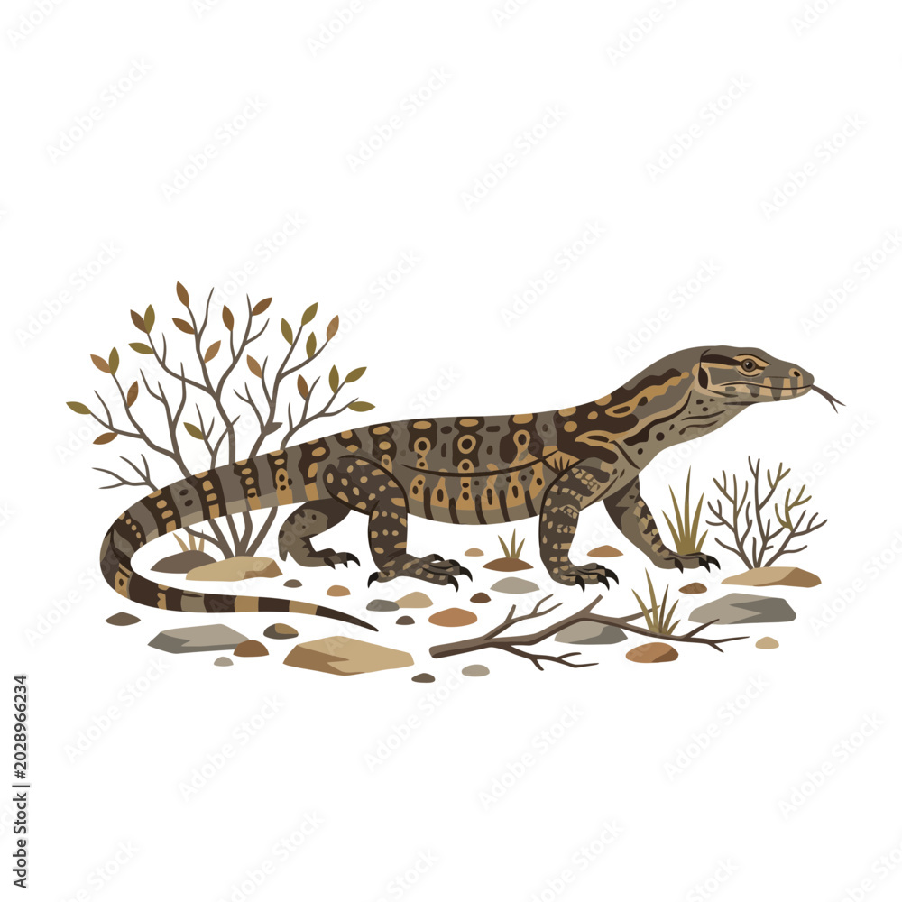 Fototapeta premium Varanus Lizard with Spotted Pattern Walking in Desert Landscape
