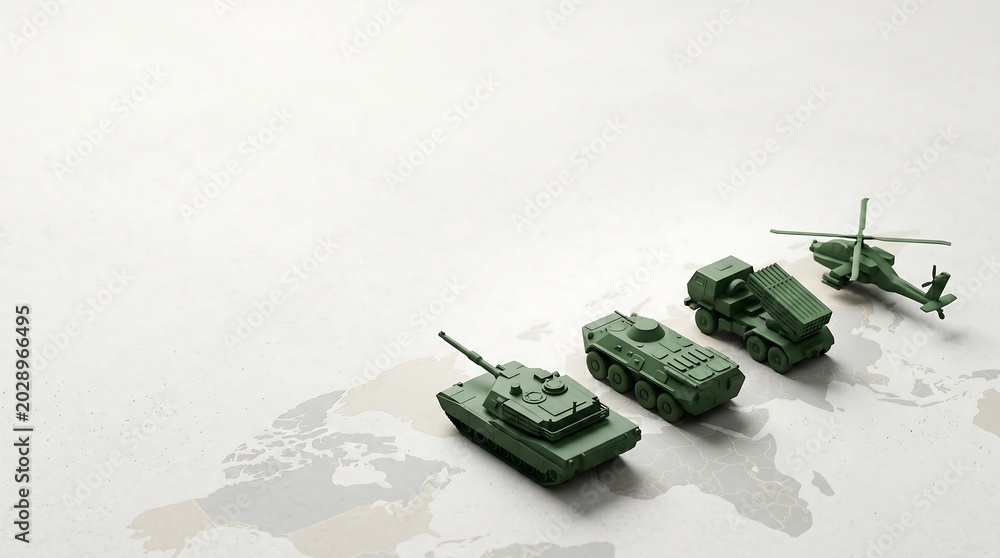 Fototapeta premium Minimalist Military Vehicles on World Map Global Security Concept