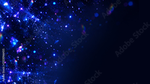 Dark Navy Blue Abstract Glowing Bokeh Particle Background with Sparkling Light Dots and Copy Space