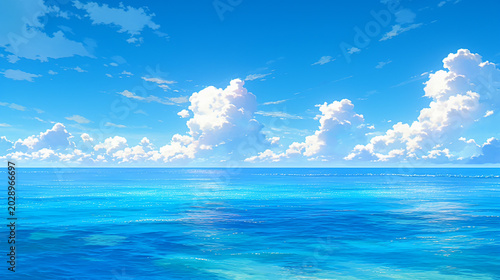 美しい海と空のアニメ水彩画風イラスト　AI生成画像