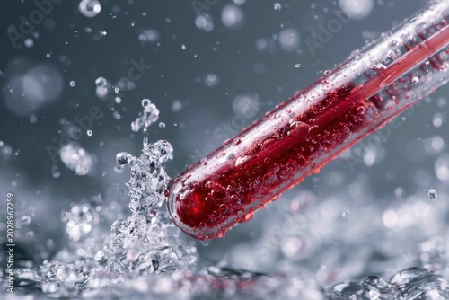 Laboratory test tube with red liquid splashing in water with sharp focus macro photography for medical research marketing