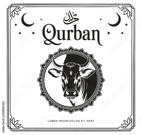 Bull head silhouette with decorative frame and crescent moons silhouette