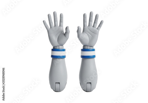A pair of bowling pins transformed into hands with blue bands around the wrists. isolated on transparent background
