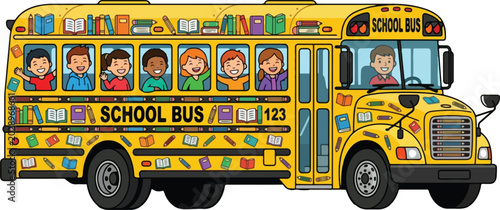 Colorful Cartoon School Bus with Diverse Happy Children Passengers on Road Trip