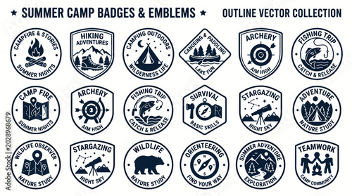 Foto Set of summer camp badges and outdoor adventure emblems.