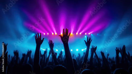 Juneteenth concert crowd raised hand stage light nightclub colorful beam music festival celebration excited audience cheering vibrant blue purple