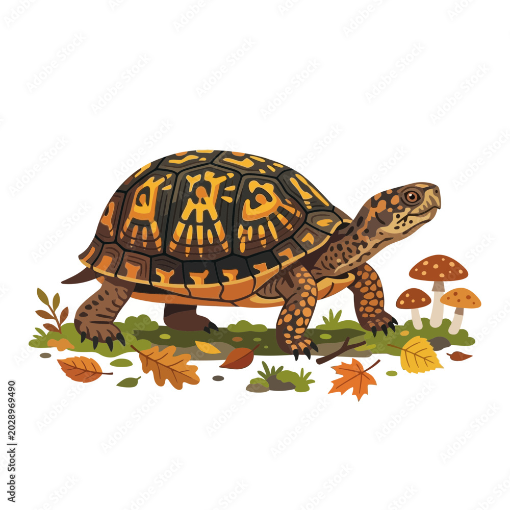 Fototapeta premium Turtle walking on grass with mushrooms and autumn leaves, illustration