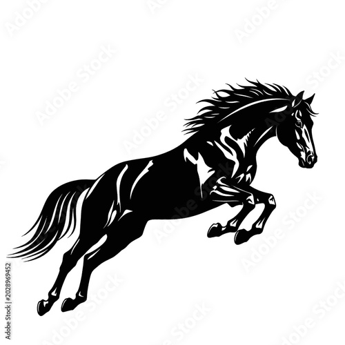Obraz na plátně Black horse silhouette jumping powerfully against a white background, symbolizing freedom and strength