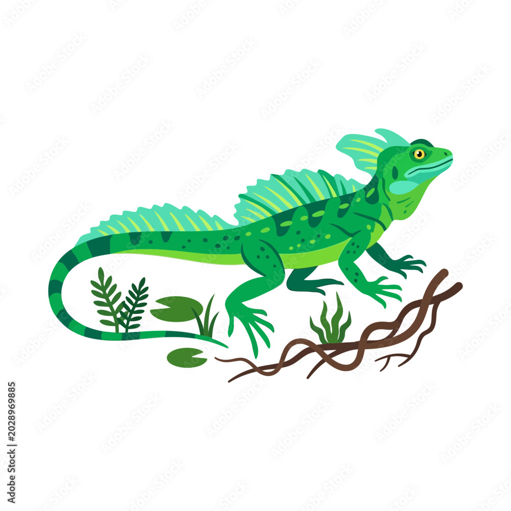 Fototapeta premium Green Basilisk Lizard with Crest on White Background