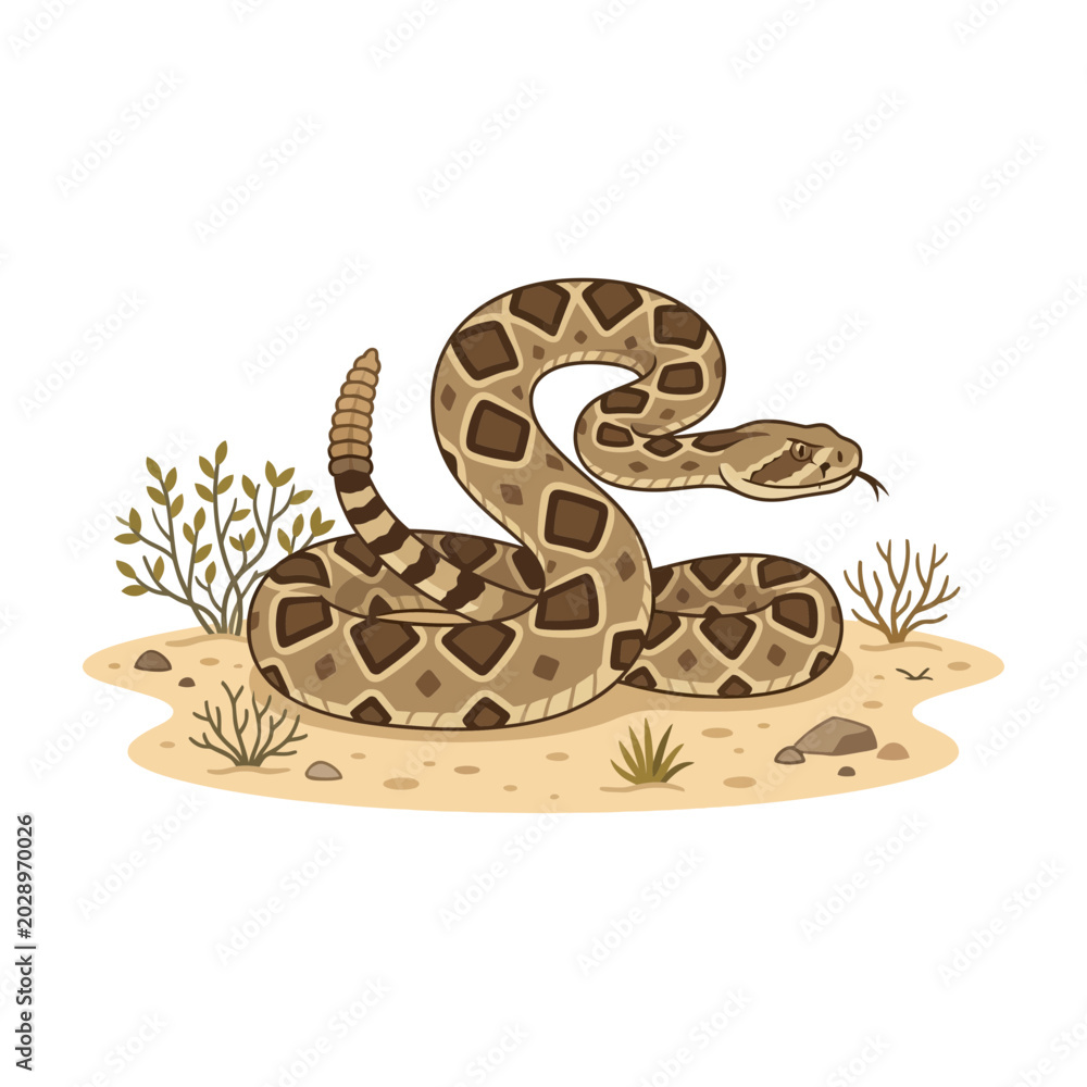 Fototapeta premium Rattlesnake coiled in desert sand with dry brush and rocks