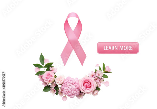 A pink ribbon surrounded by flowers symbolizing breast cancer awareness month. isolated on transparent background