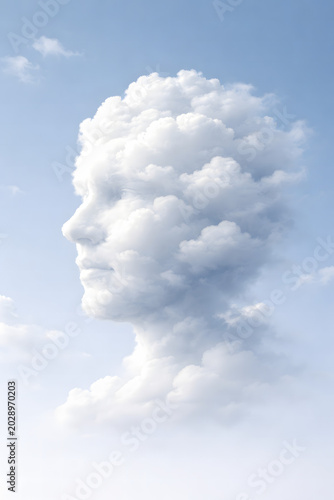 Human head shape formed by white clouds in the blue sky concept.