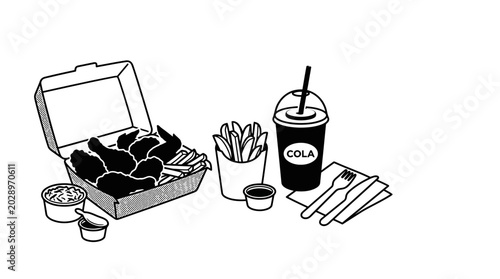 Fast Food Meal Set with Fried Chicken French Fries and Cola.