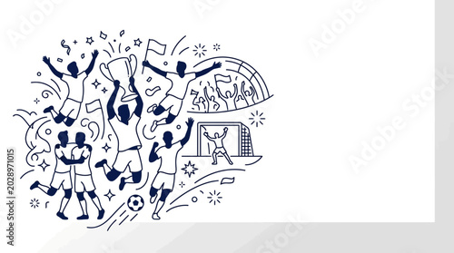 Doodle style illustration of soccer players celebrating a championship victory.