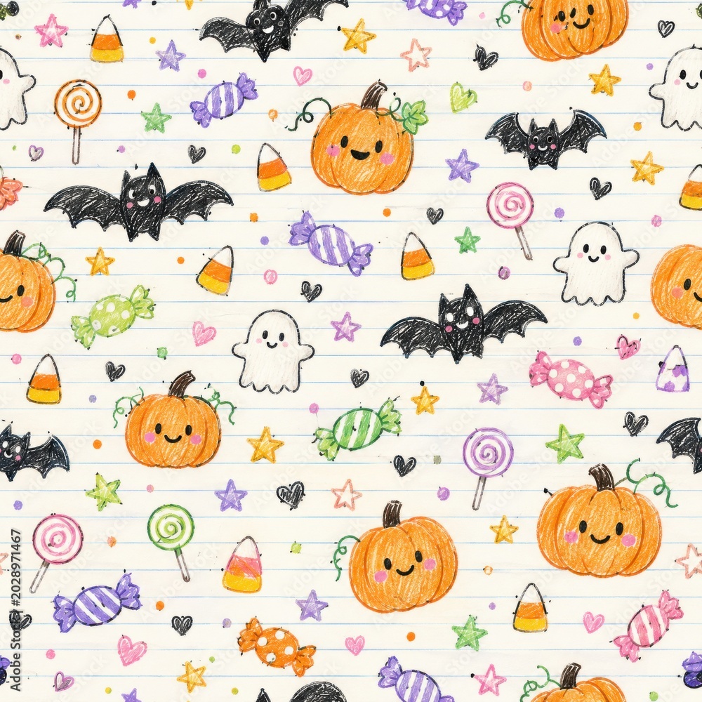 Obraz premium Halloween pumpkins and bats pattern on white fabric background with ghosts and candy