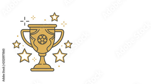Gold trophy cup icon with a soccer ball and stars illustration.