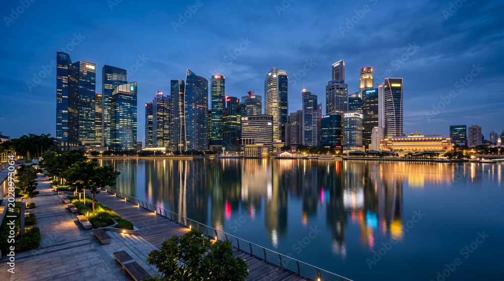 Fototapeta premium Modern river skyline glowing under beautiful blue-hour light with glass towers reflected in calm water