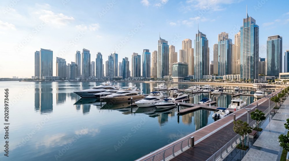 Fototapeta premium Maritime city skyline with glass towers and docked vessels over calm reflective water refined coastal view