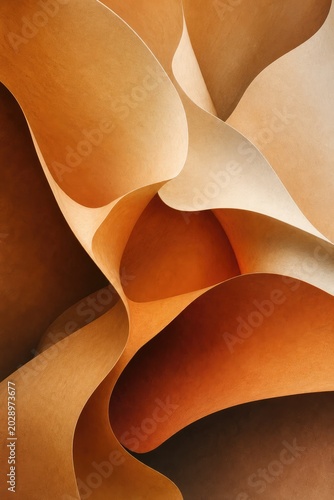 Abstract organic sculptural forms in warm gradient lighting showcasing smooth flowing curves, minimalist artistic design with soft beige and orange hues, modern interior decor inspiration