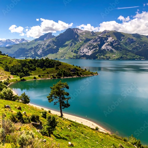 Serene Mountain Lake Landscape with Trees.