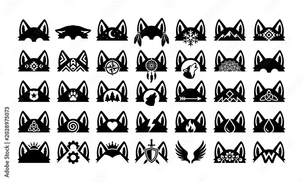 Fototapeta premium Wolf Ears Emblem Icon Set for Gaming Clan Branding, Outdoor Adventure, Native Culture Tribute and Apparel Logo Design