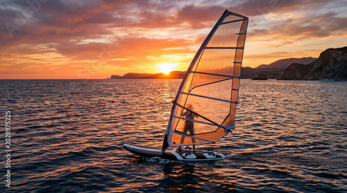 Luxury windsurf sail glowing brightly against a dramatic ocean sunset with board balanced on calm water